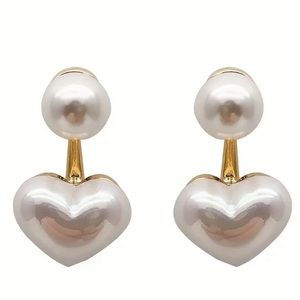 Heart Shape Faux Pearl Decor Jackets Elegant Style Earrings